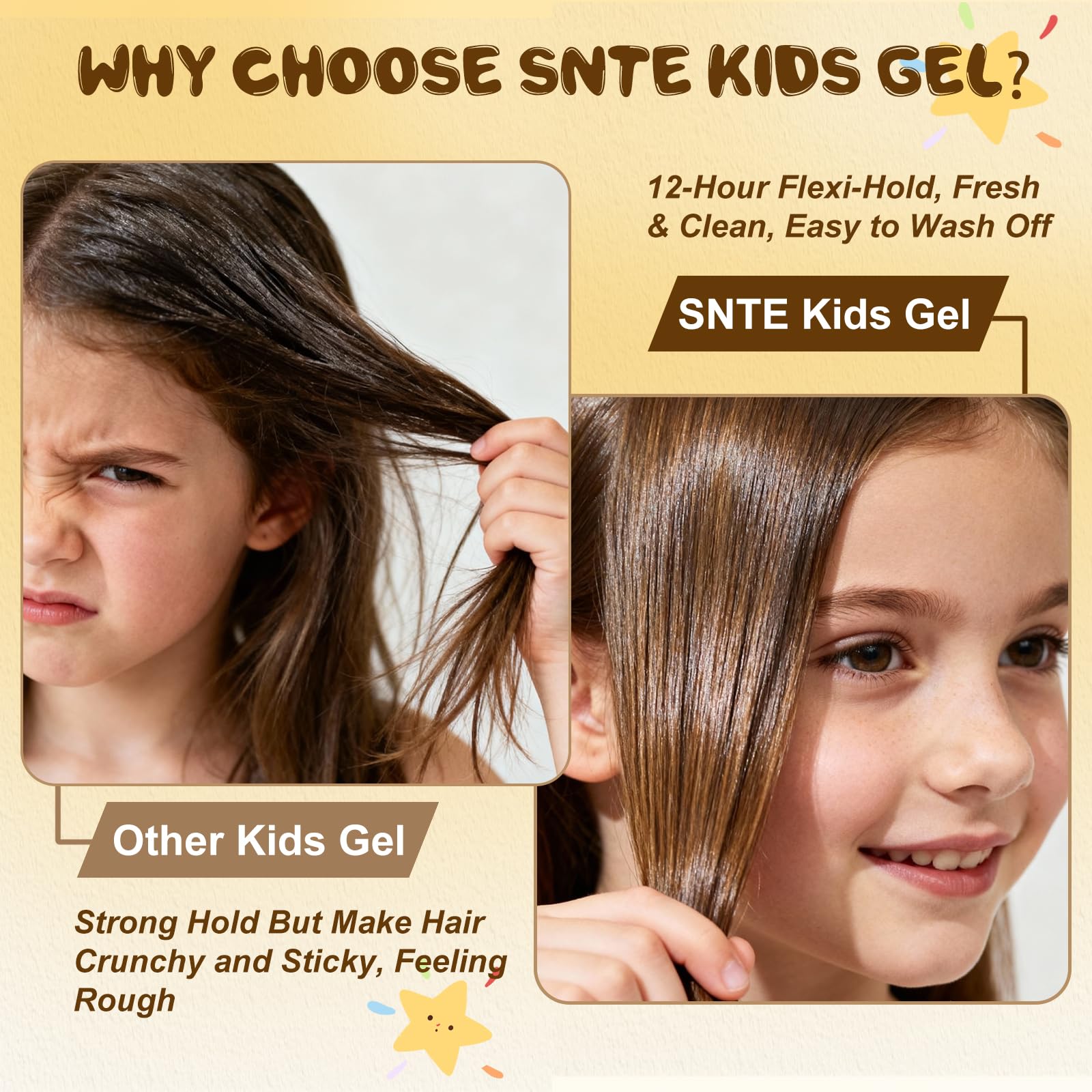 Samnyte gel, control del frizz para cabello suave en escuela y juego