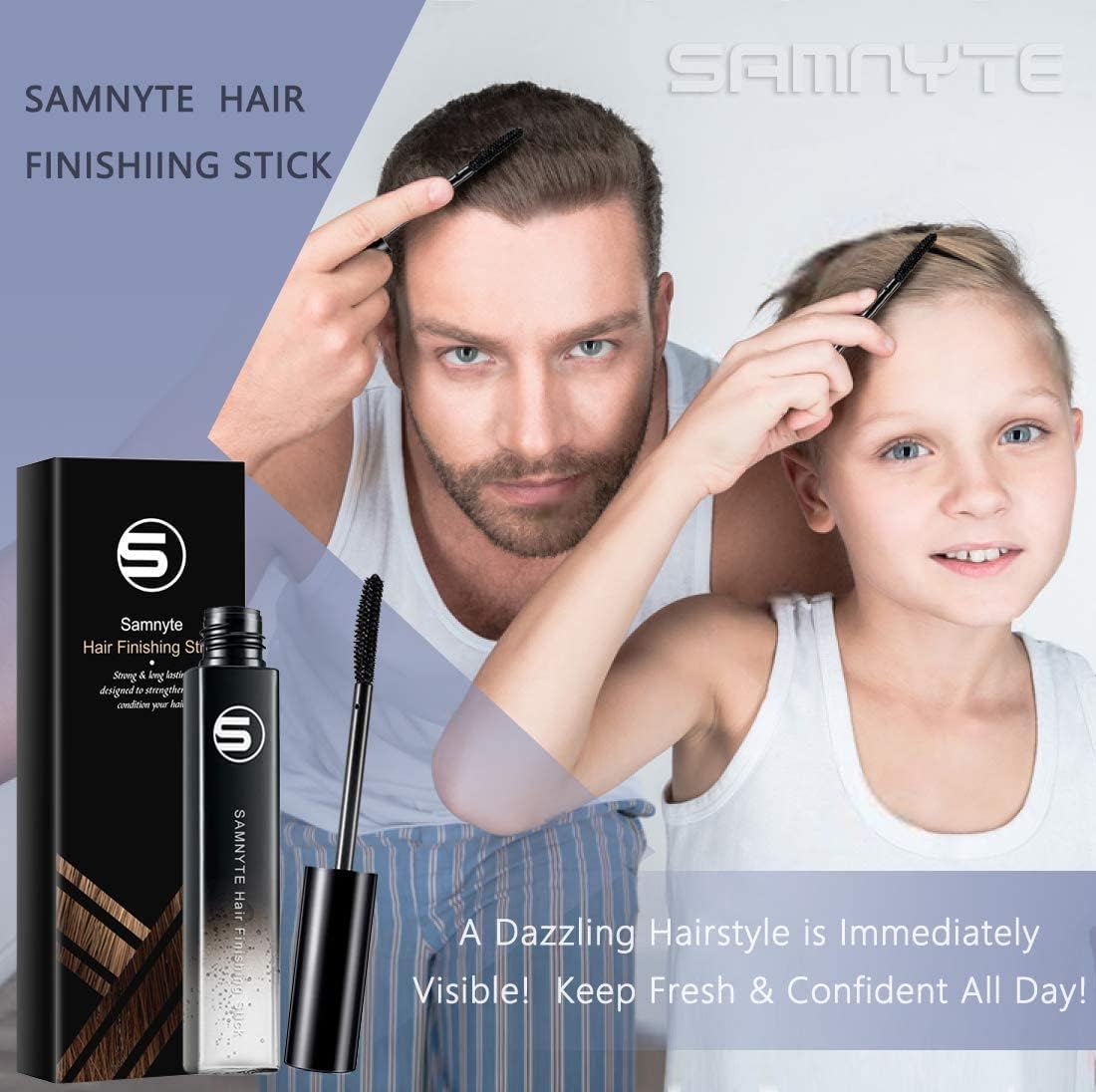 Samnyte Hair Finishing Stick taming baby hair to create a neat look.