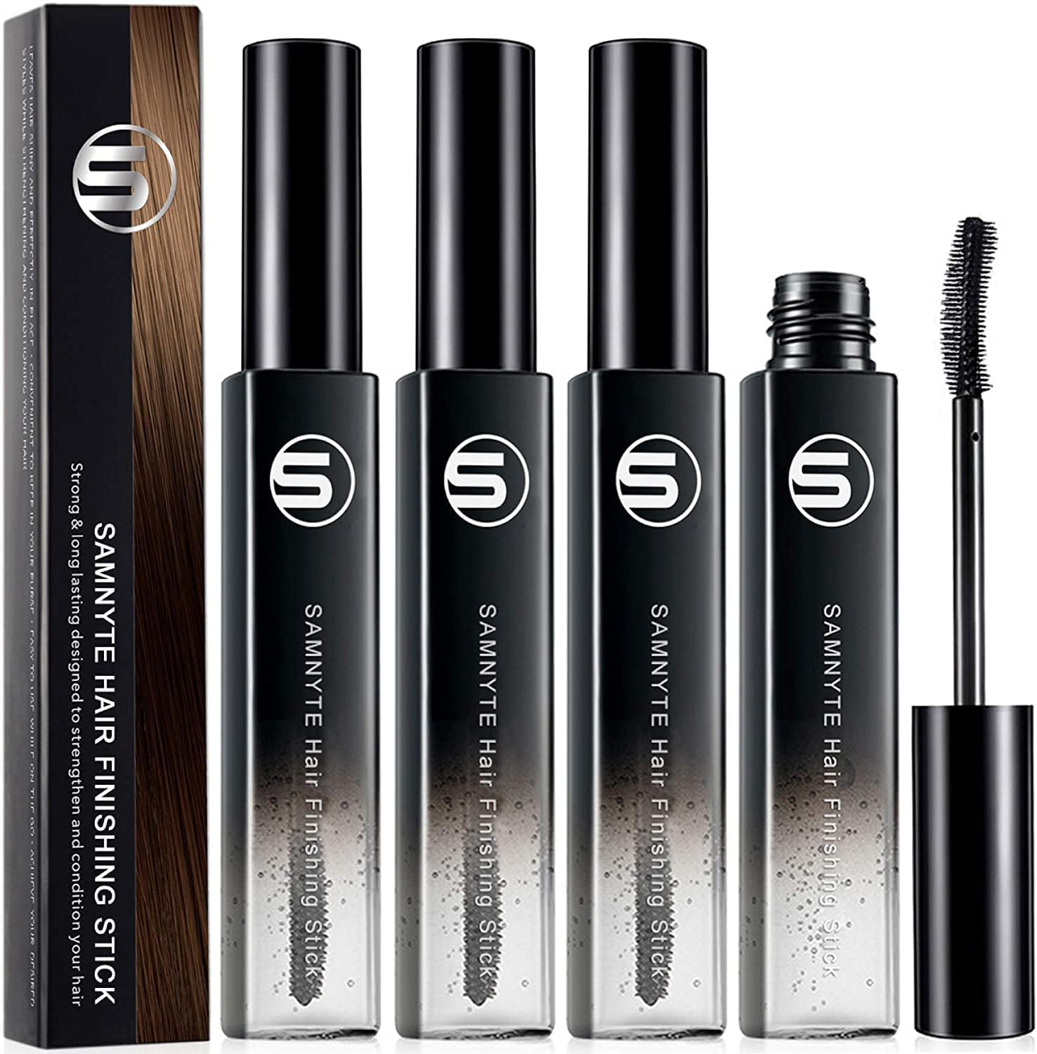 Samnyte Hair Finishing Stick four-pack on display for quick flyaway control.
