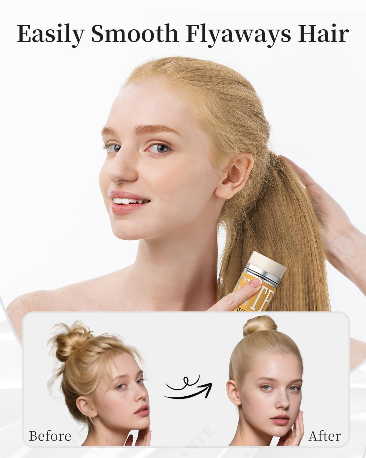 Samnyte hair wax stick on hair shows edge smoothing and shine enhancement.