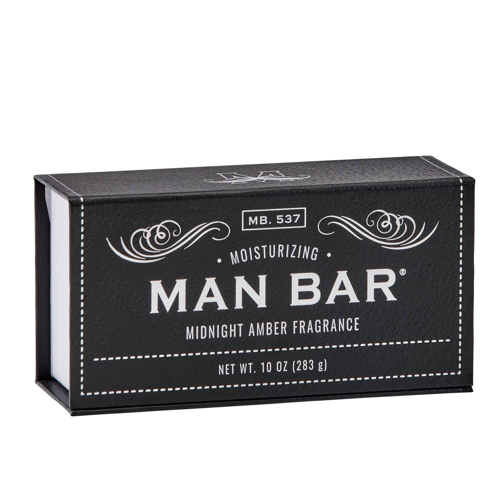 San Francisco Soap Company Midnight Amber Man Bar in a textured leather box, ideal gift.