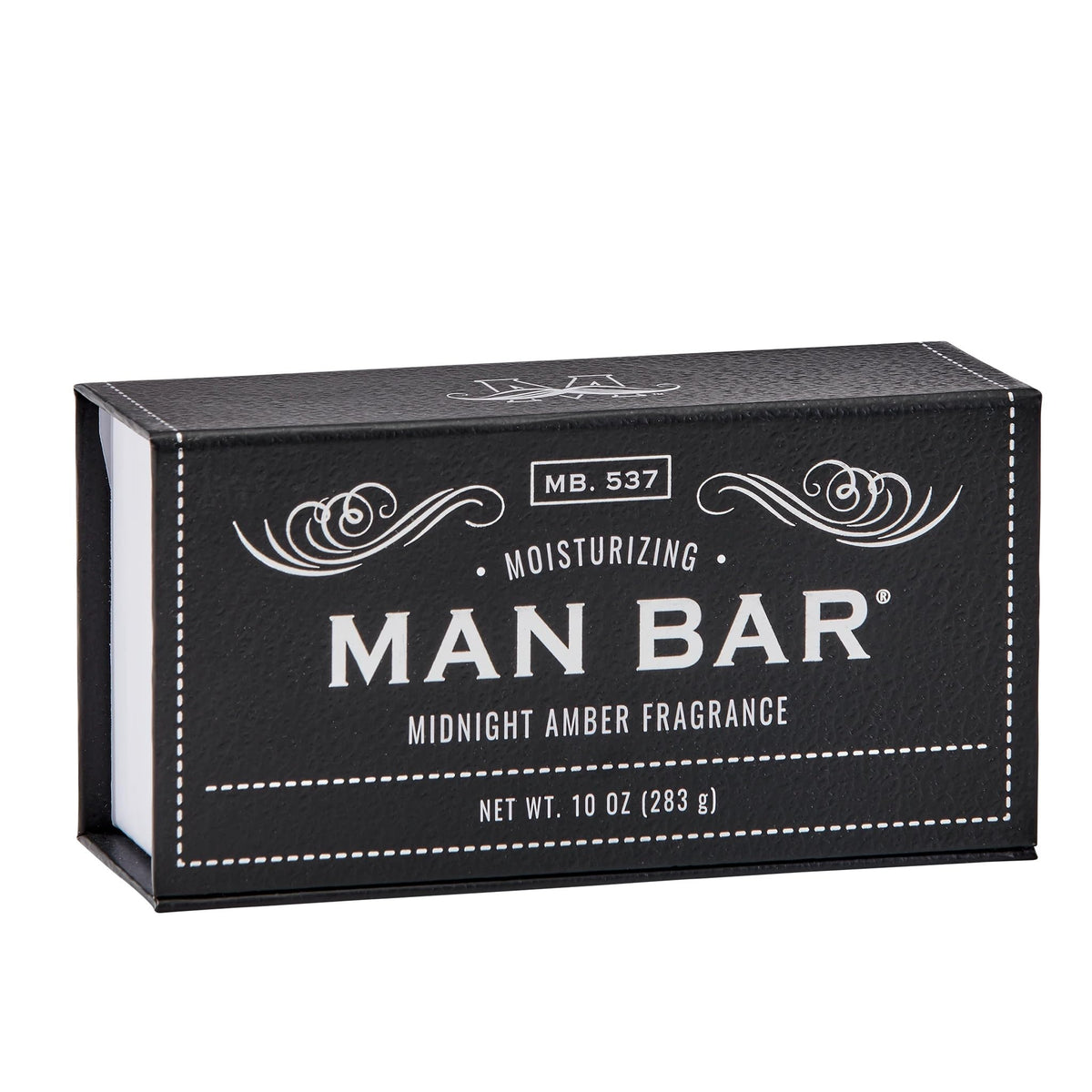 San Francisco Soap Company Midnight Amber Man Bar in a textured leather box, ideal gift.