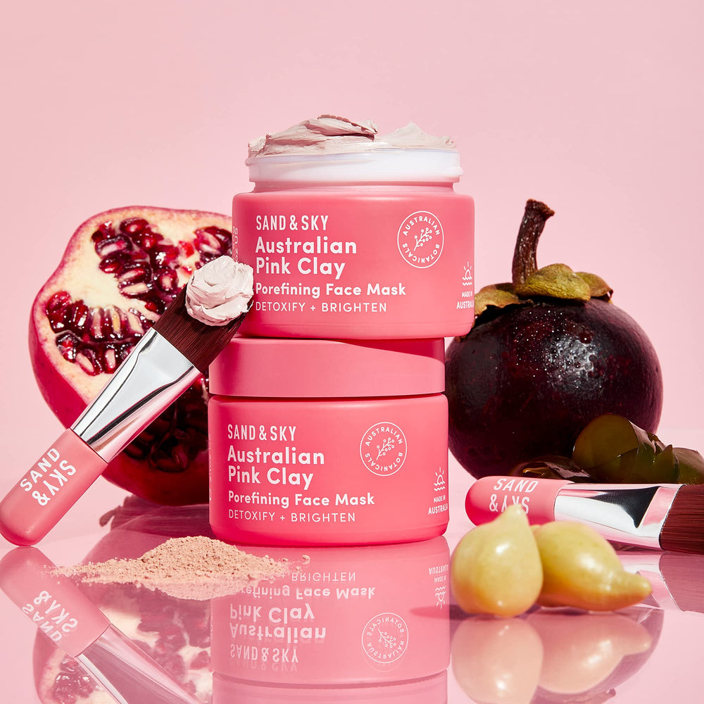 Included application brush with Sand and Sky pink clay mask.