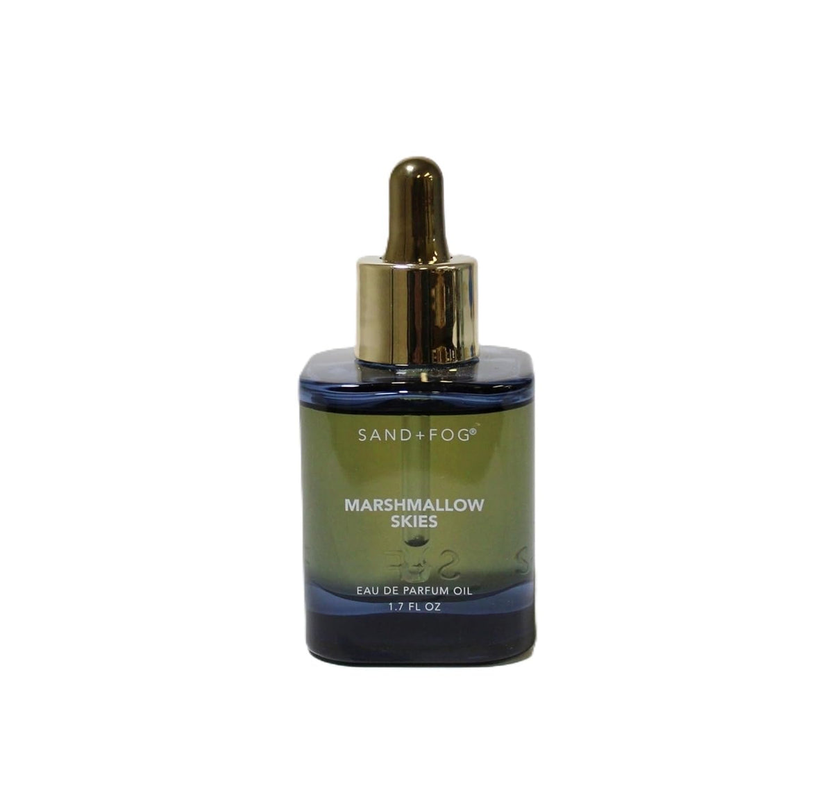 Sand + Fog Marshmallow Skies bottle in dark-blue glass with gold cap for elegant daily fragrance.