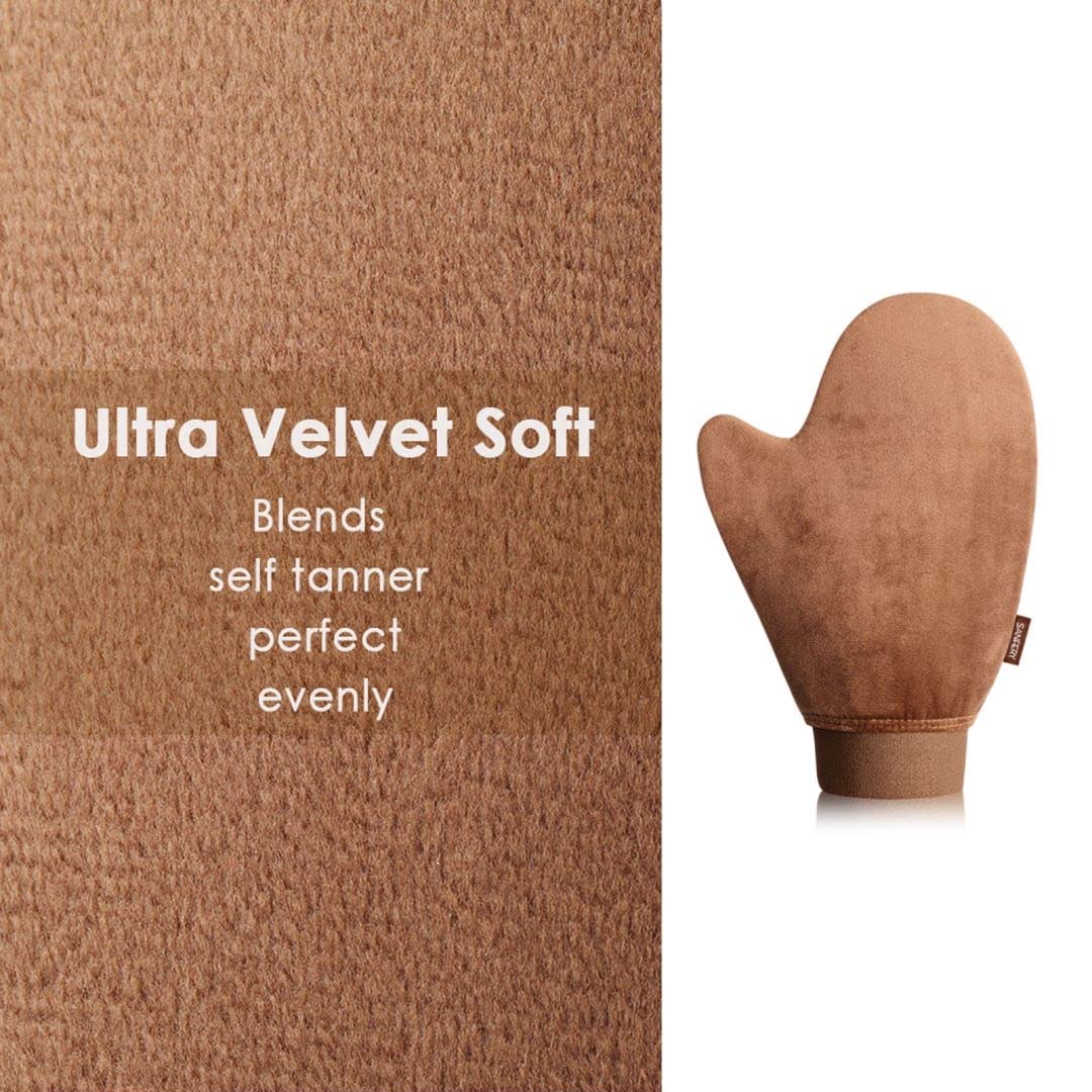 Sanfery self-tanner mitt works with gels, mousses, sprays, and creams.