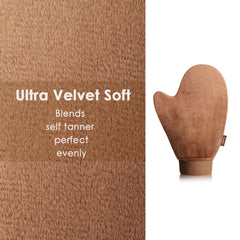 Sanfery self-tanner mitt works with gels, mousses, sprays, and creams.