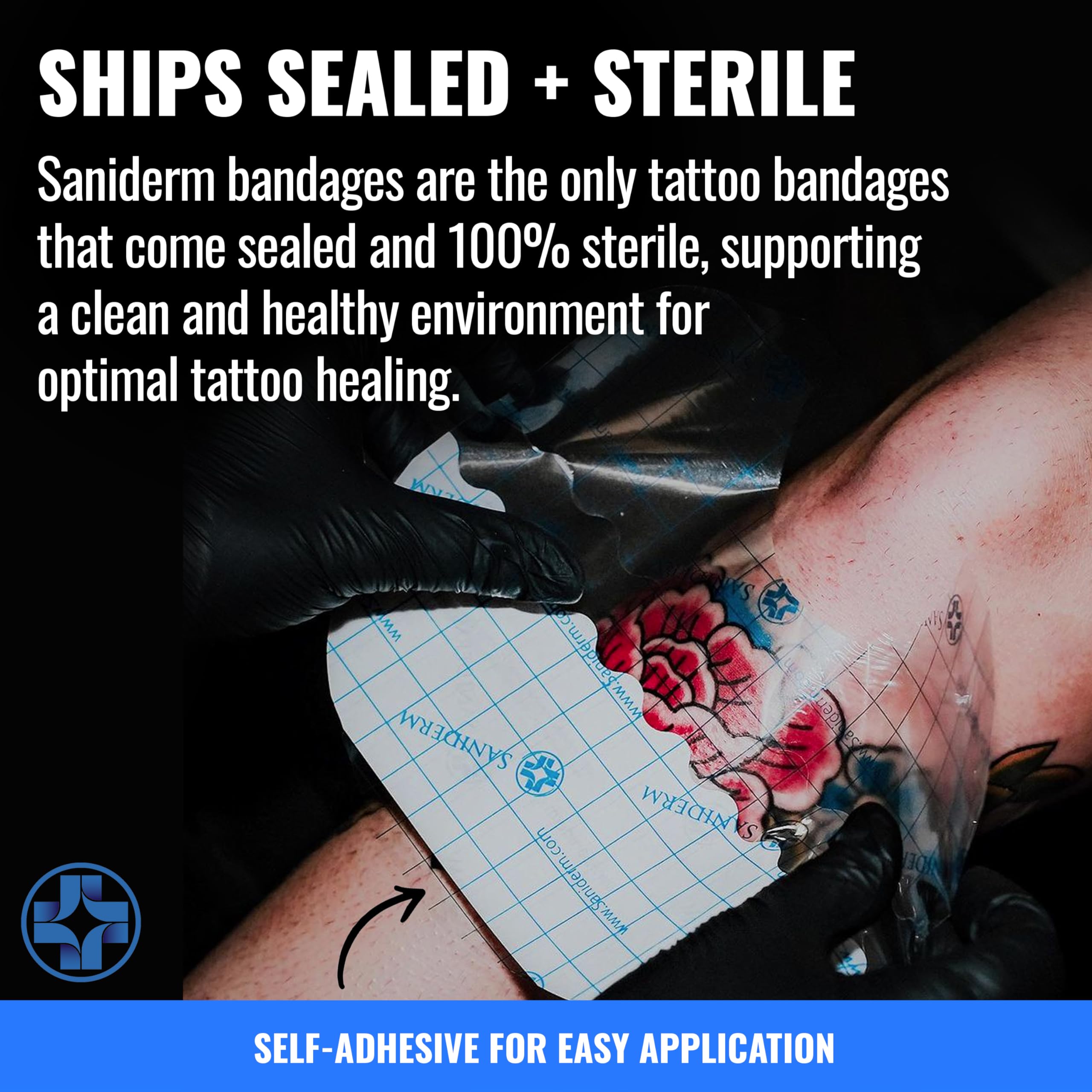 Saniderm curita tatuaje sin látex, adecuada para piel sensible durante la curación.