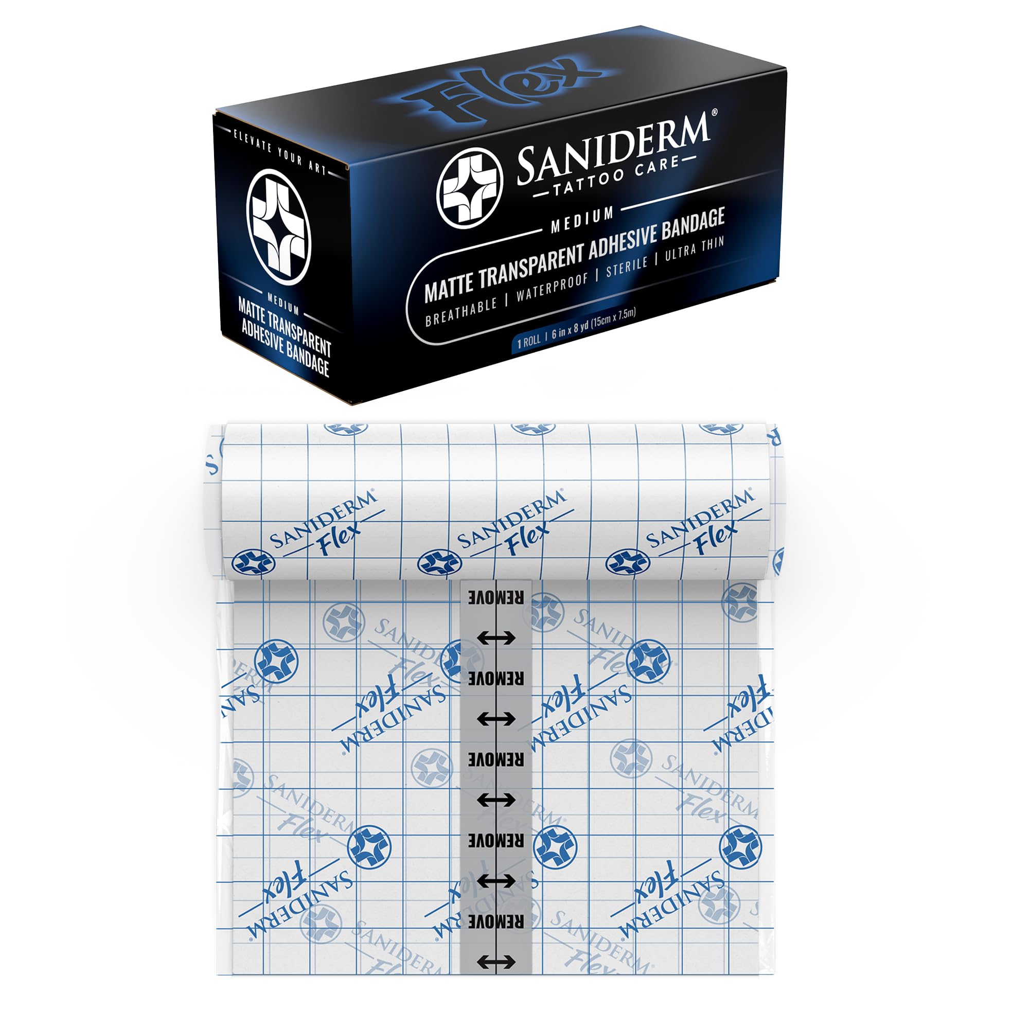 Saniderm Flex tattoo bandage applied on skin showing flexible coverage for active movement
