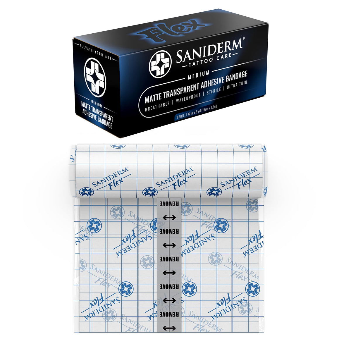 Saniderm Flex tattoo bandage applied on skin showing flexible coverage for active movement