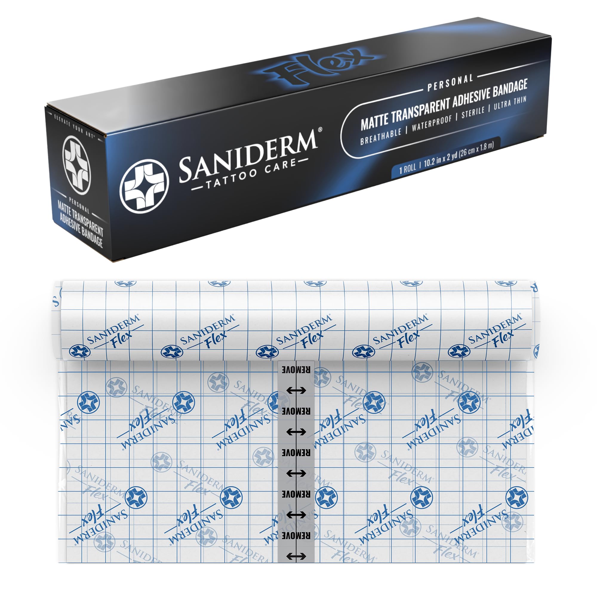 Saniderm Flex tattoo bandage with matte finish for glare-free healing.