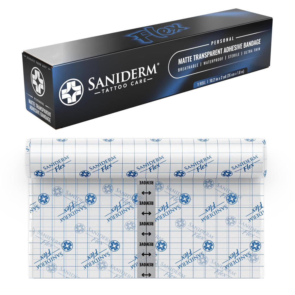 Saniderm Flex tattoo bandage with matte finish for glare-free healing.