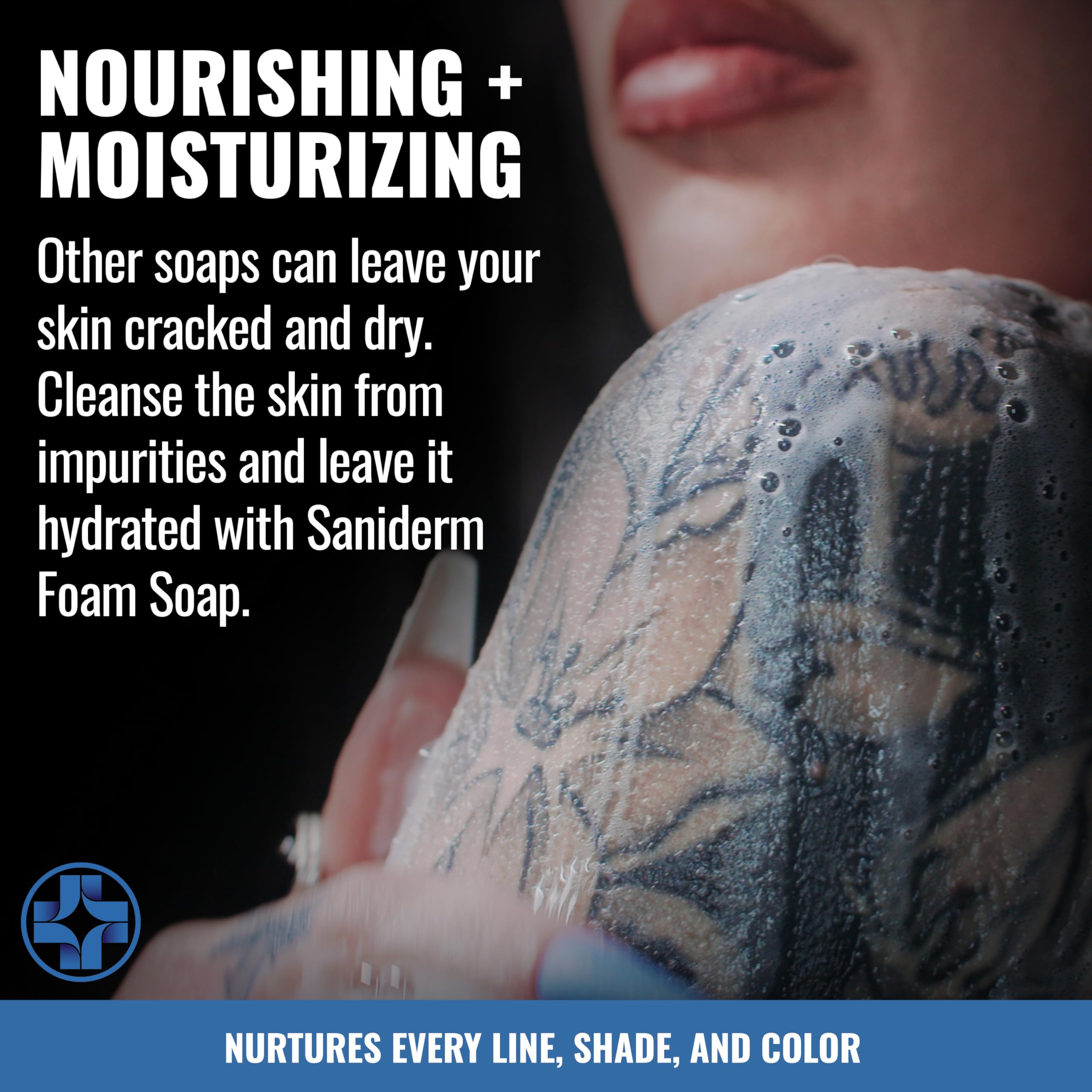 Saniderm Foaming Tattoo Soap, limpieza suave con vendajes Saniderm, favorece la curación.