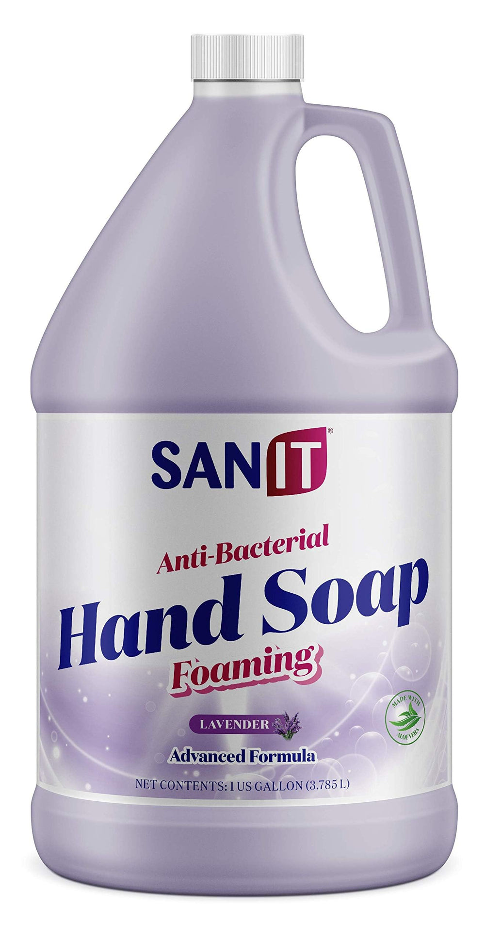 Sanit lavender foaming hand soap refill bottle with rich lather for moisturizing wash.