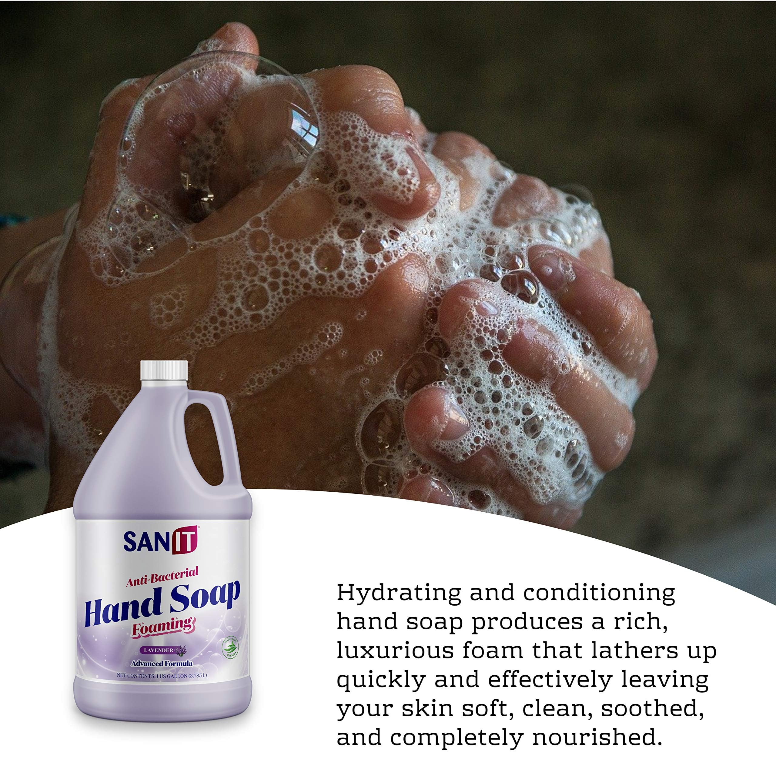Sanit lavender refill bottle beside dispenser highlighting simple bathroom refill.