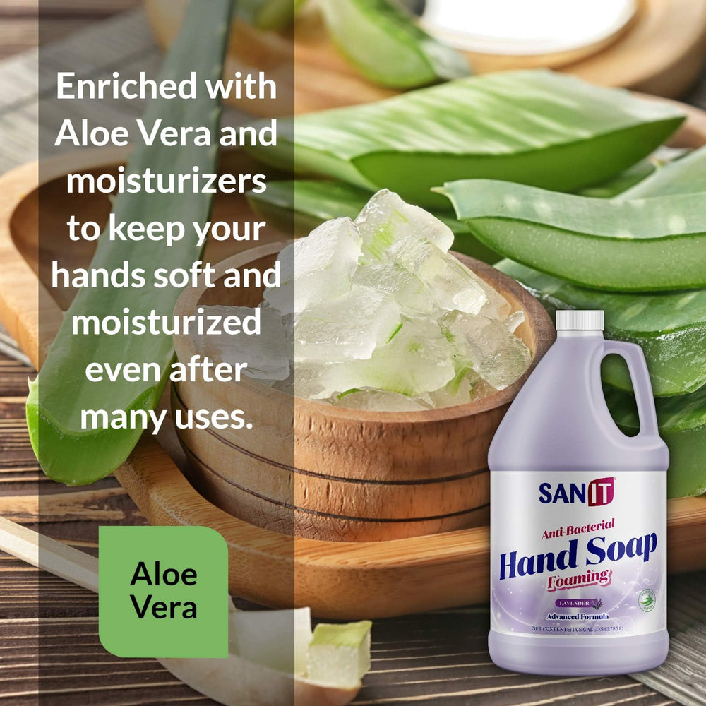 Sanit lavender refill with soft water splash suggesting gentle cleansing.