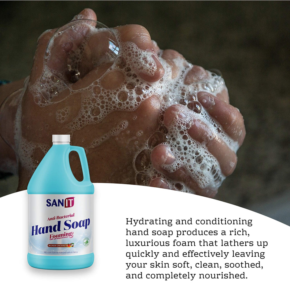 Sanit label and packaging on 1-gallon refill highlighting Aloe Vera benefits