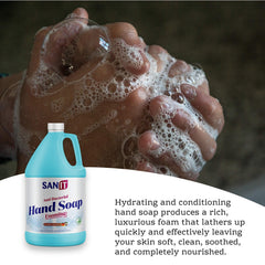 Sanit label and packaging on 1-gallon refill highlighting Aloe Vera benefits