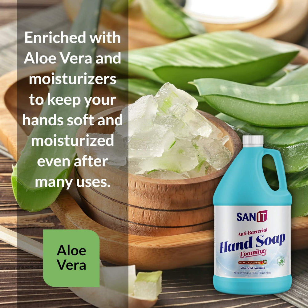 Sanit mango coconut foam in dispenser demonstrates quick rinse and moisturized feel