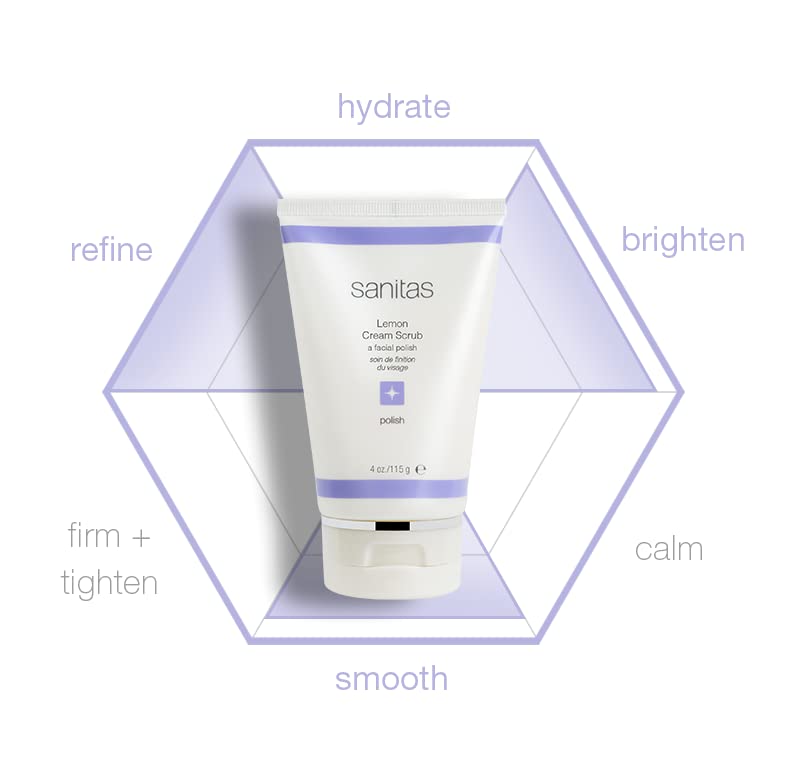 Sanitas Lemon Cream Scrub bottle on counter, cruelty-free and Boulder-made