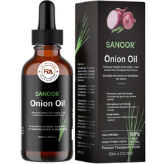 SANOOR Aceite de cebollas rojas del Himalaya en botella de vidrio para cuidado capilar.