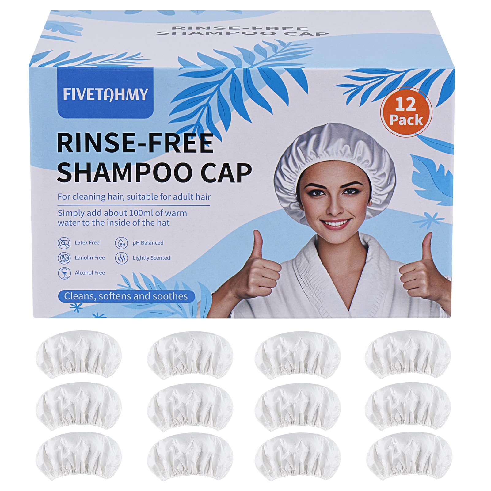 SANPUK shampoo cap 12-pack front view highlights convenient no rinse hair care.