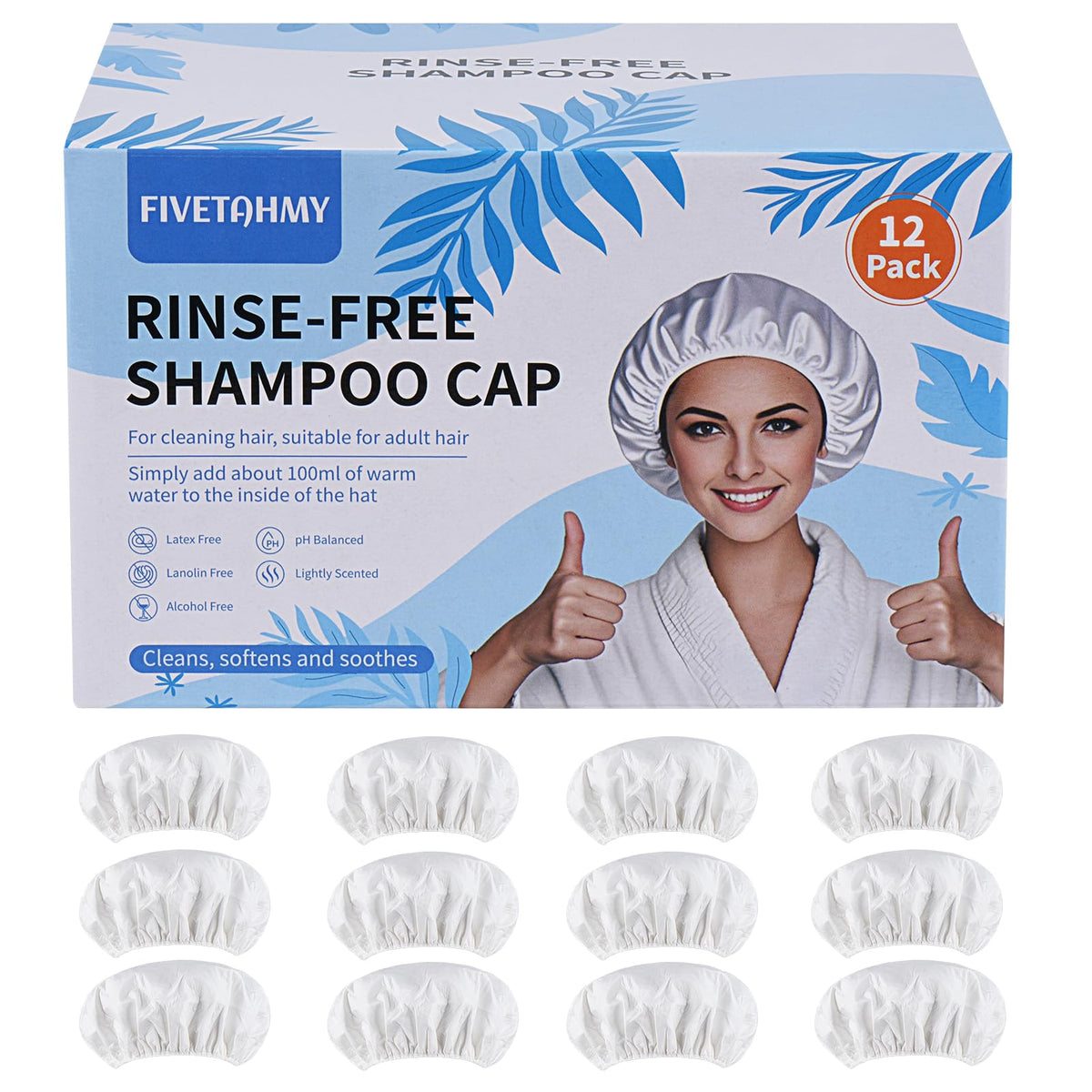 SANPUK shampoo cap 12-pack front view highlights convenient no rinse hair care.