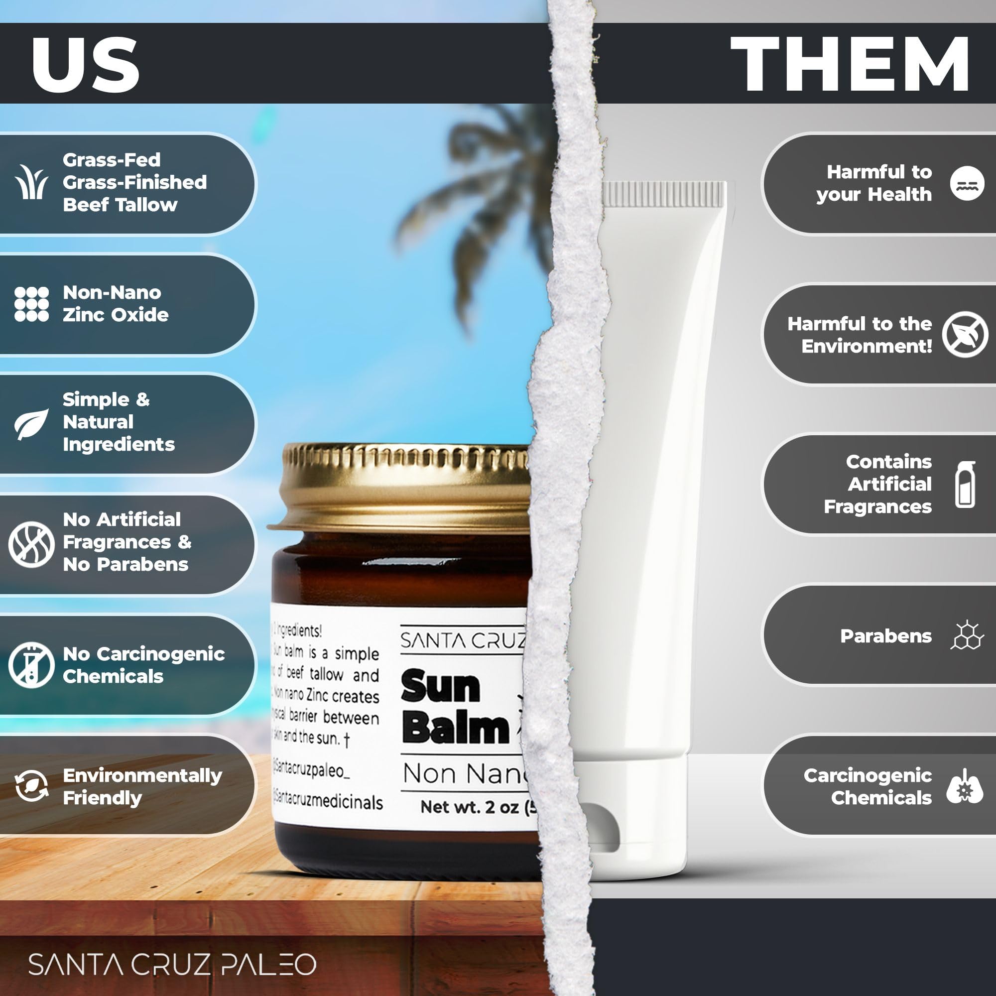 Santa Cruz Paleo Balsamo grasa de res, etiqueta de ingredientes minimalista.