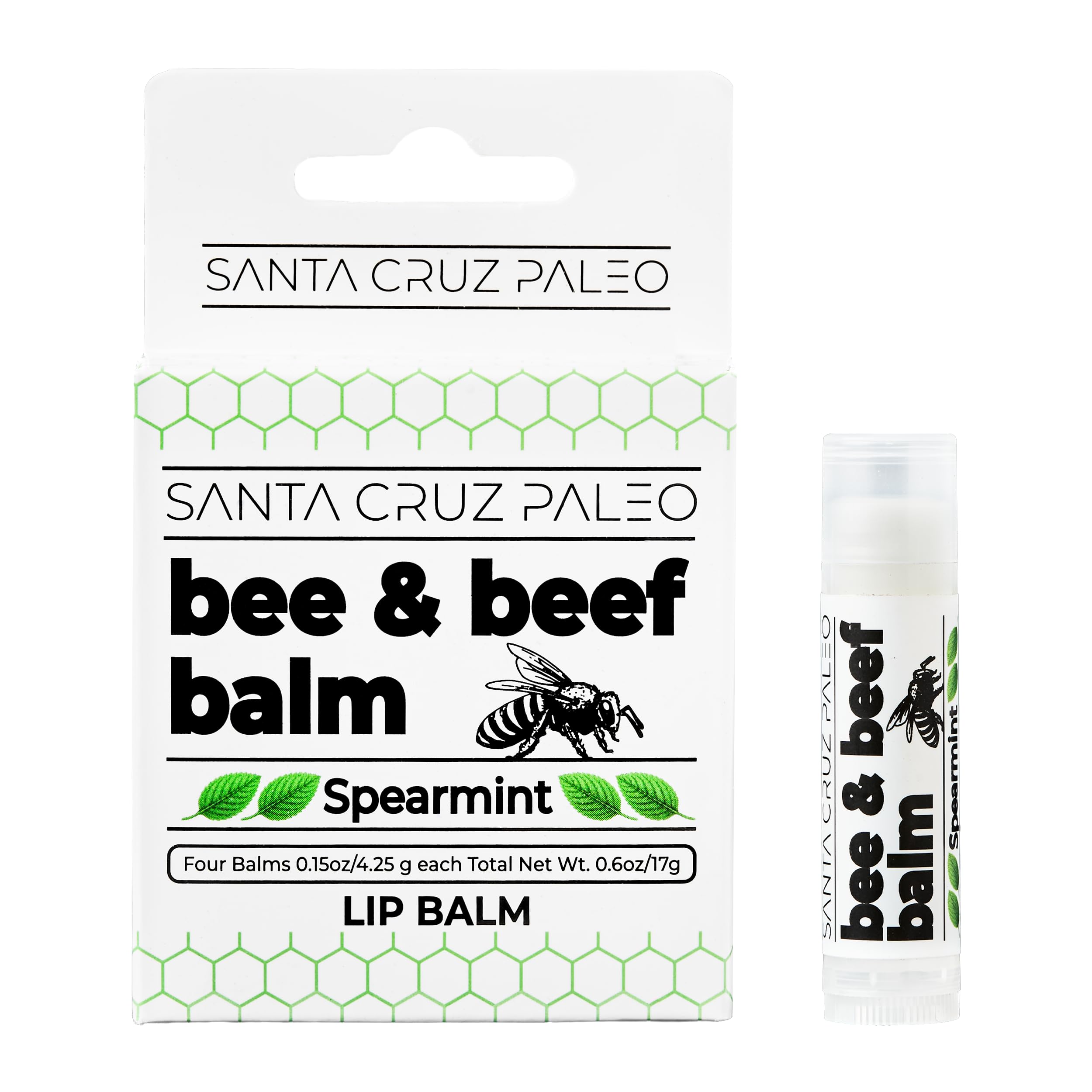 Bálsamo labial Santa Cruz Paleo con sebo de res y menta, hidratación duradera.