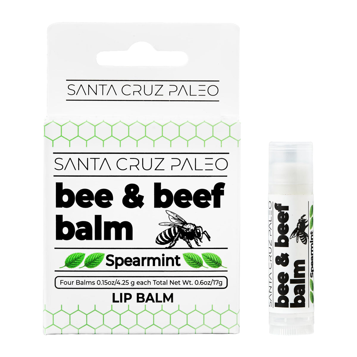 Bálsamo labial Santa Cruz Paleo con sebo de res y menta, hidratación duradera.
