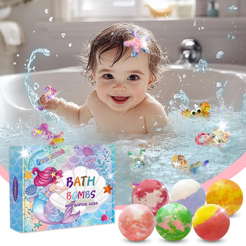 Seis fragancias frutales en bombas de baño Santrela para niños.
