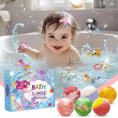 Seis fragancias frutales en bombas de baño Santrela para niños.