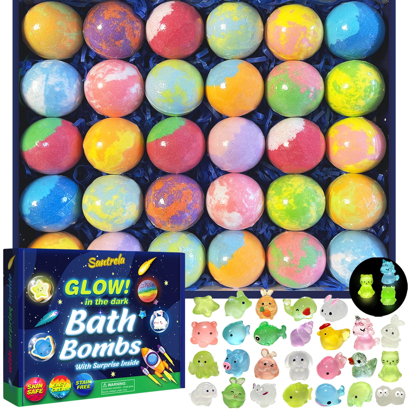 Santrela kids bath bombs 30-pack with glow-in-the-dark surprise toys.