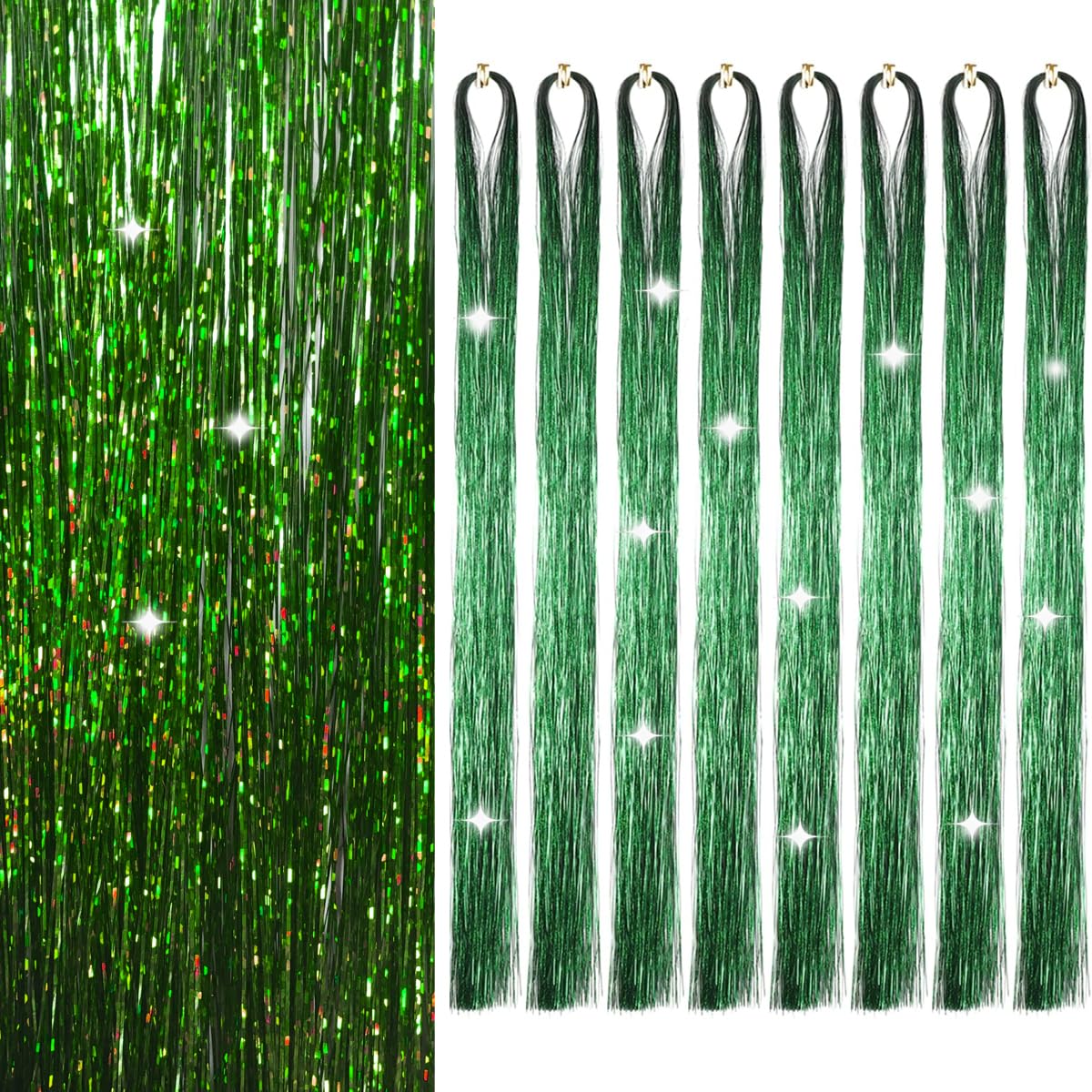 Sarannala grass green hair tinsel close-up showing vivid sparkle