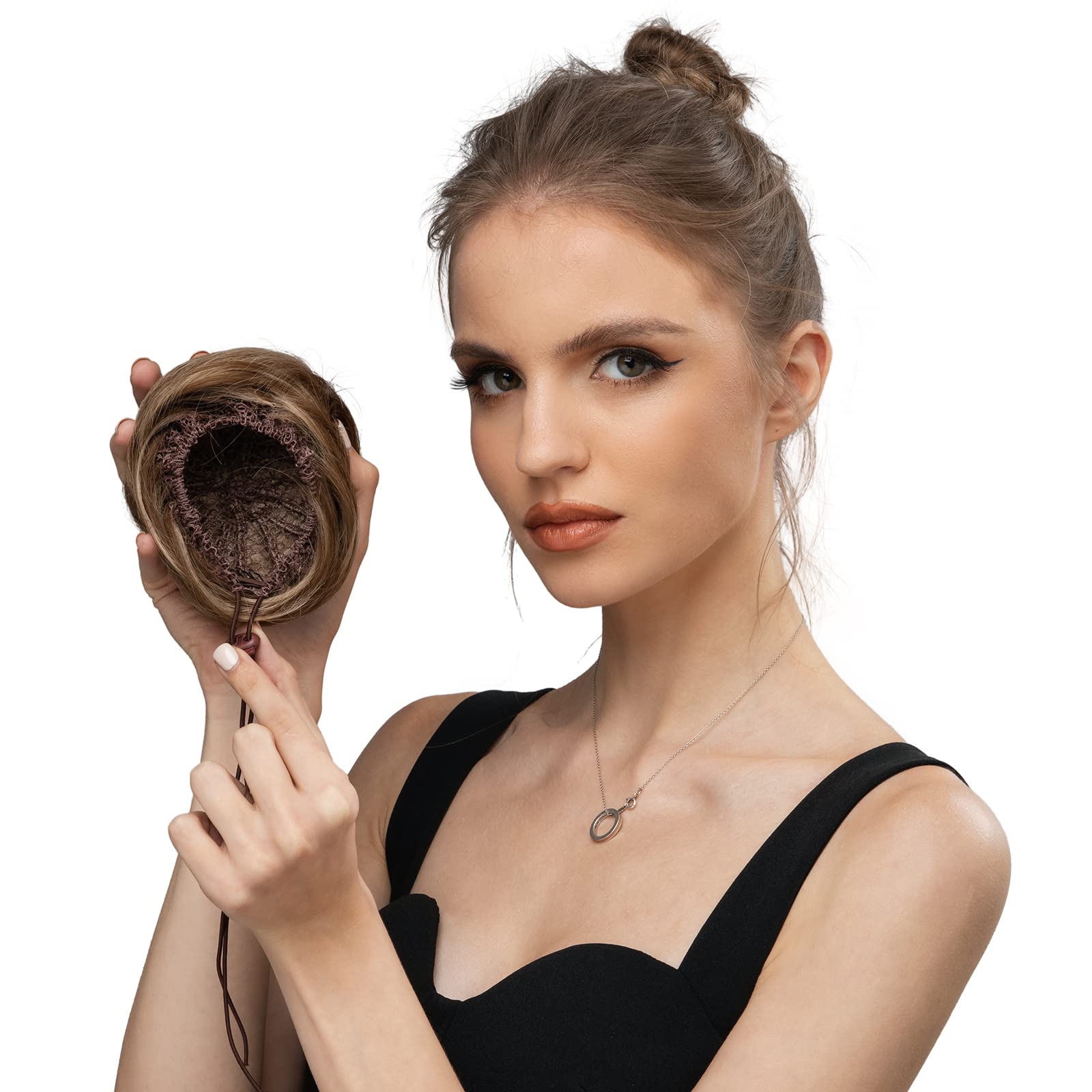 SARLA dark brown donut bun high-temperature fiber detail for versatile styling