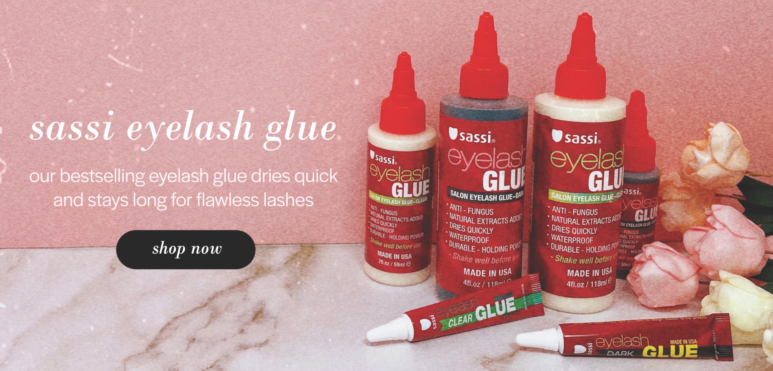 Sassi Eyelash Glue Dark 2oz packaging ideal for strip lashes and individual flares.