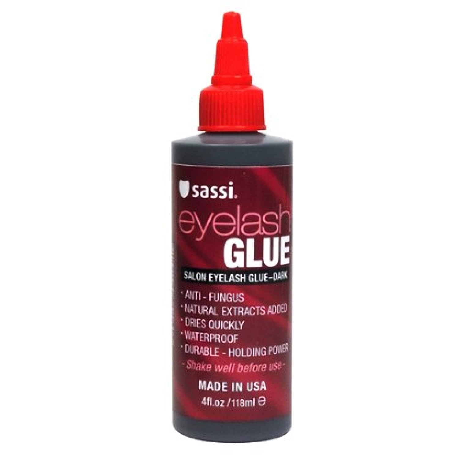 Sassi Eyelash Glue Dark 4oz bottle pour for quick-drying, waterproof hold.