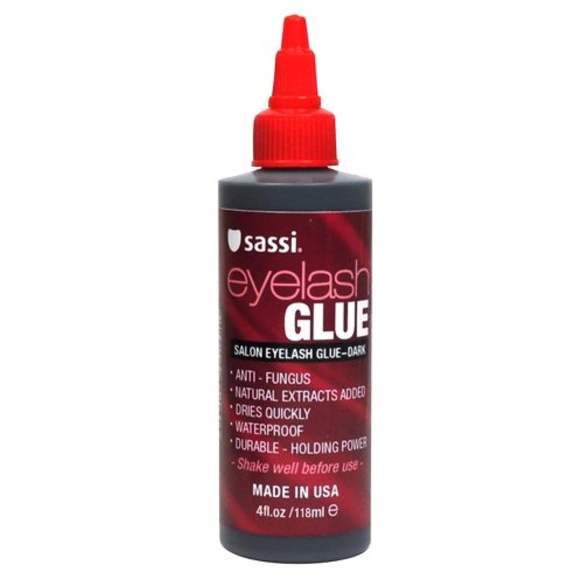 Sassi Eyelash Glue Dark 4oz bottle pour for quick-drying, waterproof hold.