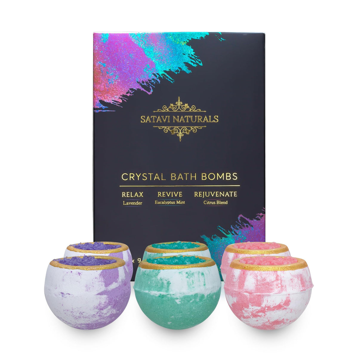 Satavi Naturals crystal bath bomb geode fizz colors in water for a spa-like soak