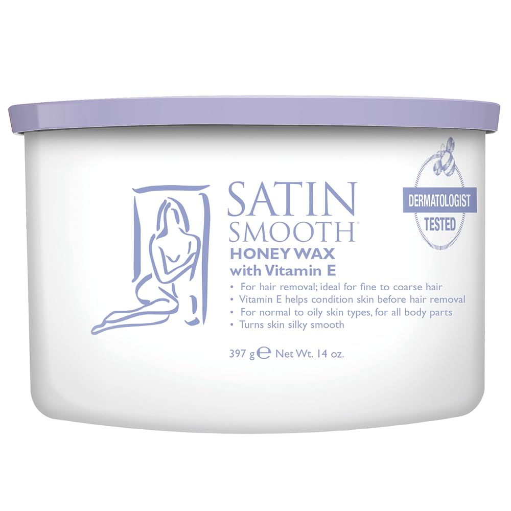 SATIN SMOOTH Honey Wax jar closeup showing rich texture and vitamin E for smooth skin