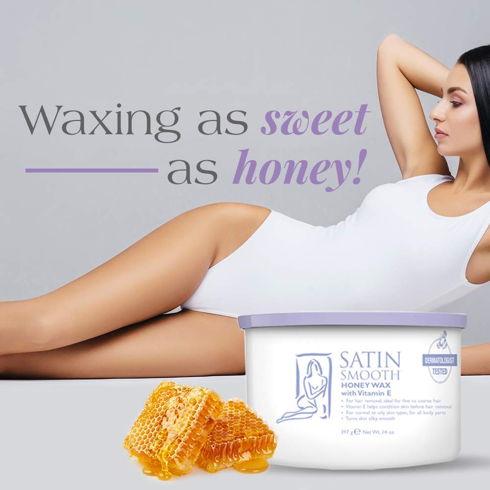 SATIN SMOOTH Honey Wax label detail highlights ingredients and gentle formula