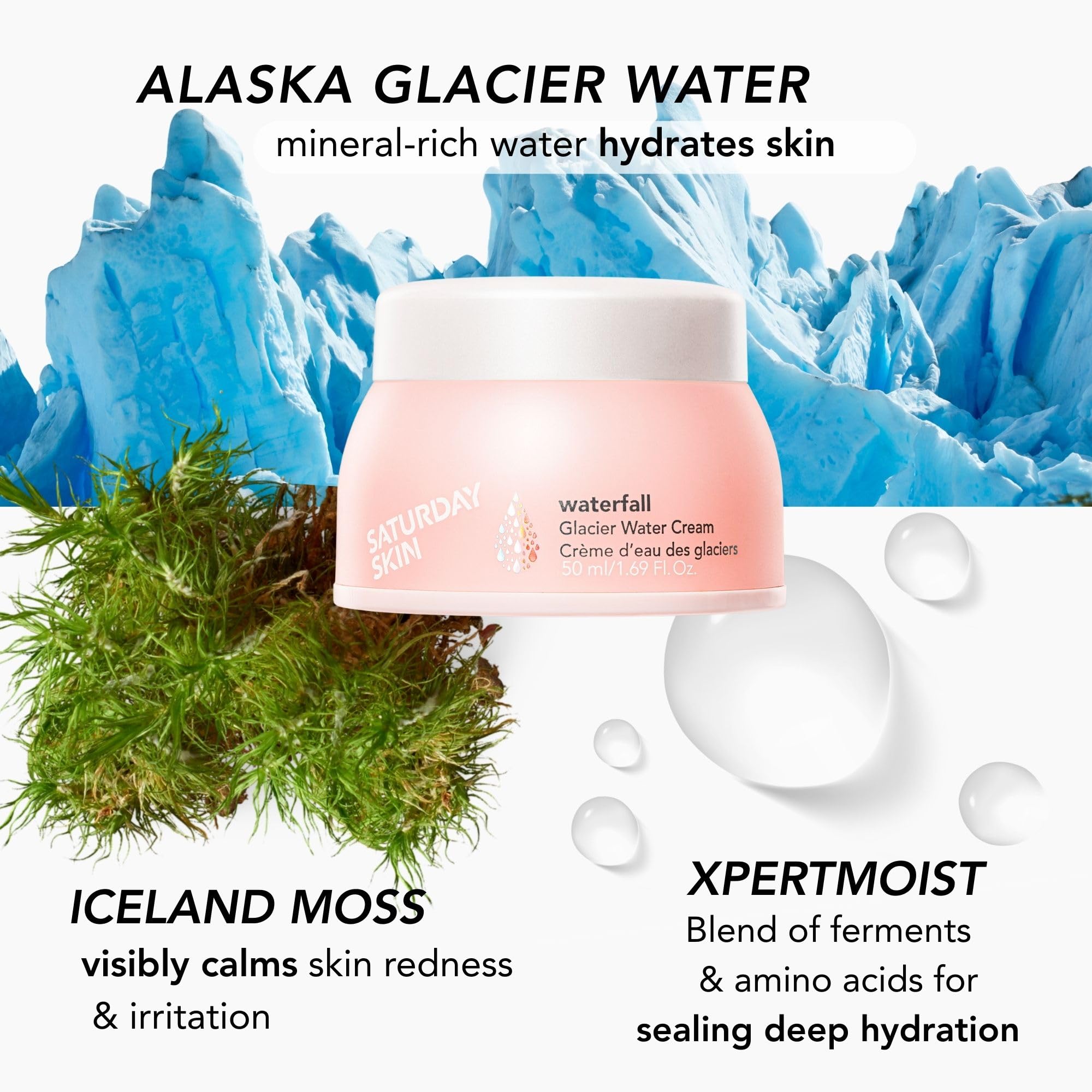 Saturday Skin Waterfall Glacier Water Cream applying morning and night for balanced skin.