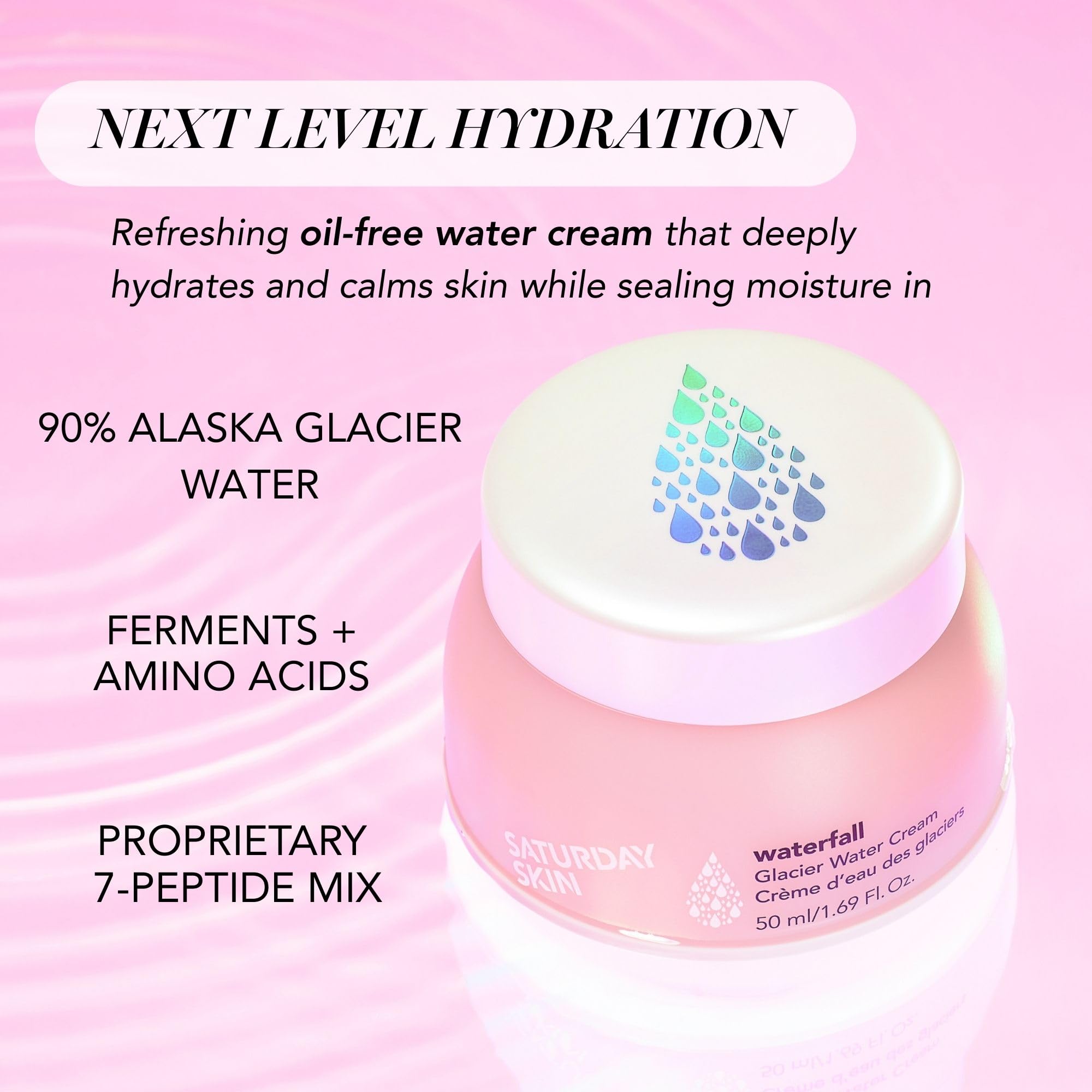 Saturday Skin Waterfall Glacier Water Cream gel texture delivers quick, oil-free hydration.