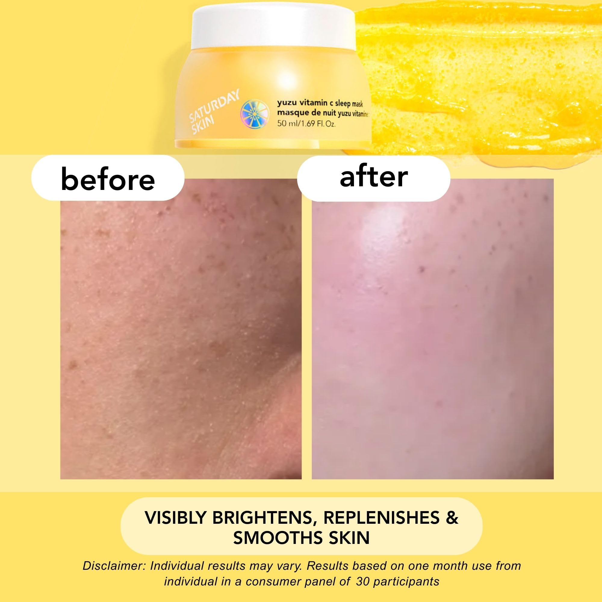 Saturday Skin Yuzu ingredient close-up features niacinamide and vitamin C.
