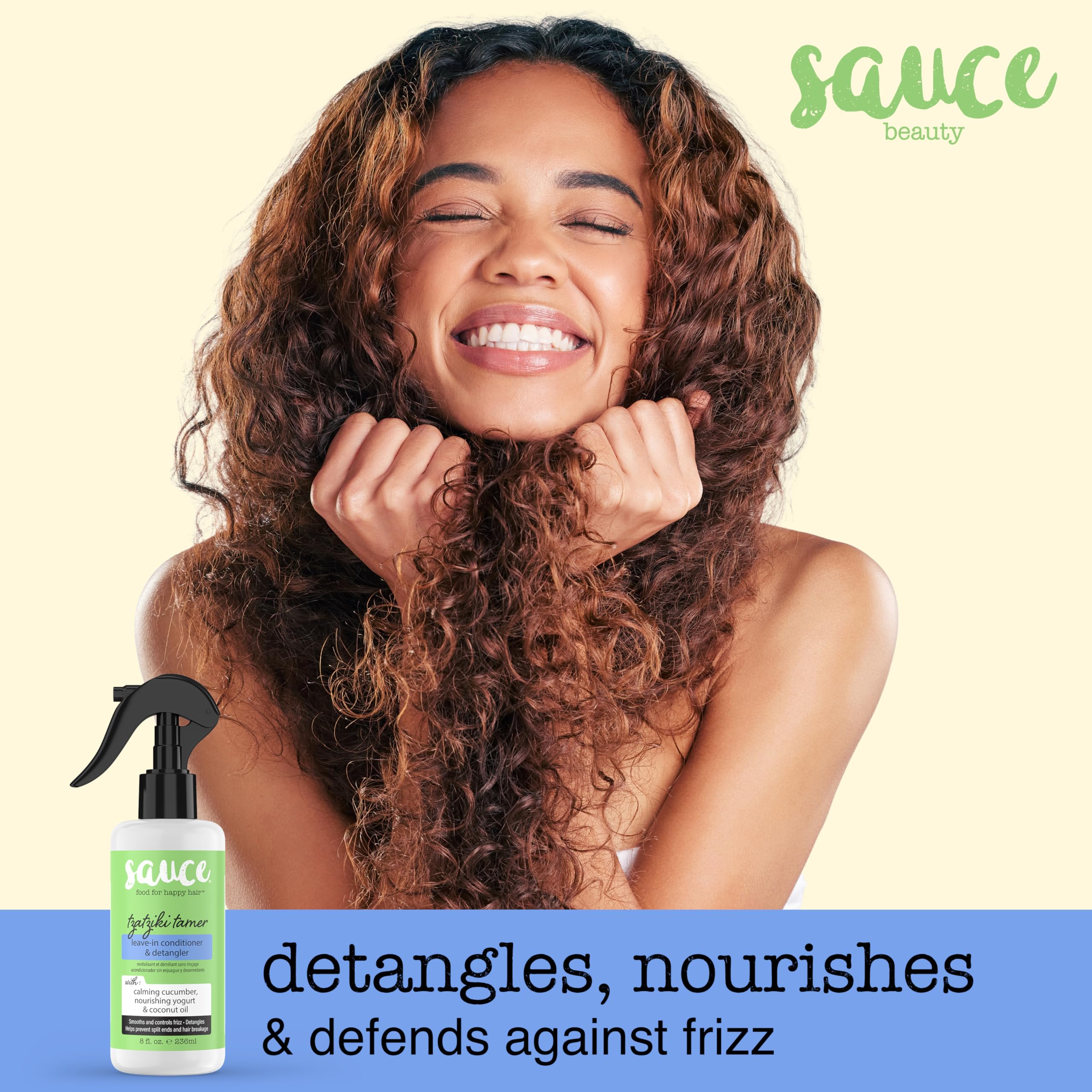 SAUCE BEAUTY Spray desenredante para cabellos, control del frizz disponible.