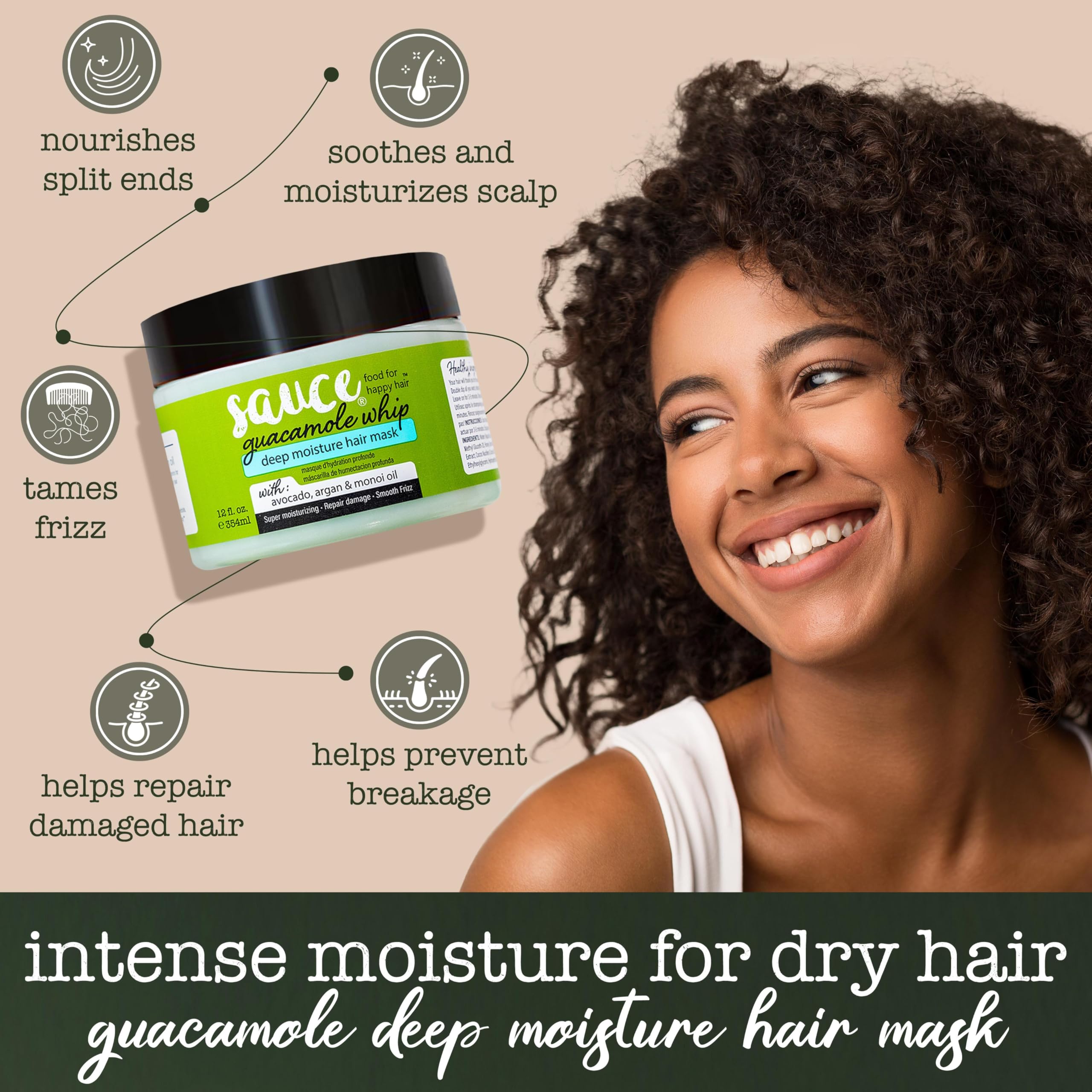 SAUCE BEAUTY Guacamole Mascarilla Aceite Argan Miel: nutrición para brillo y manejabilidad.