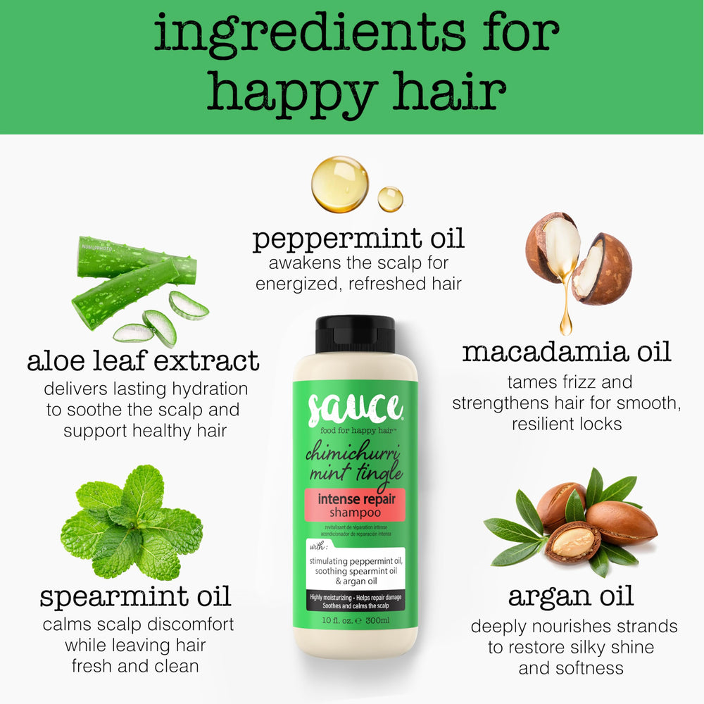 SAUCE Intense Repair Shampoo: fragancia chimichurri menta que persiste tras el lavado.
