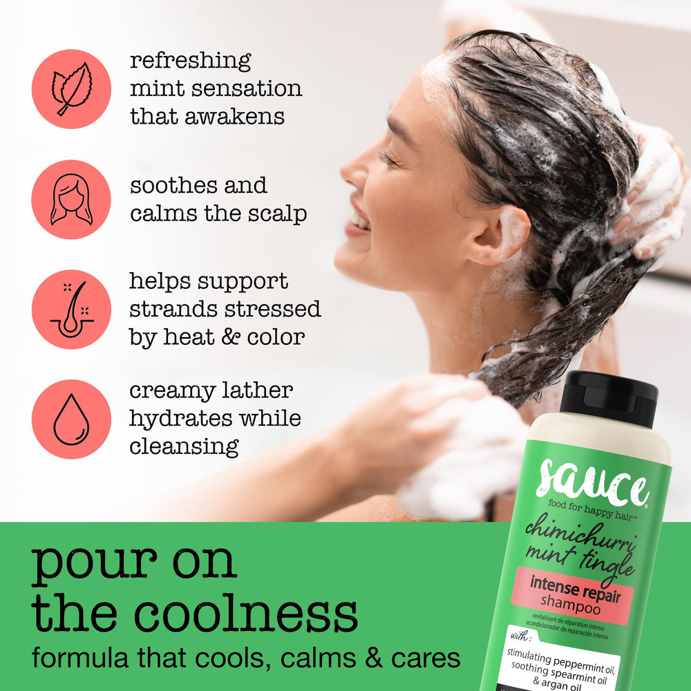 SAUCE Intense Repair Shampoo: mezcla de aceites de argán, mongongo y macadamia suavizando el cabello.