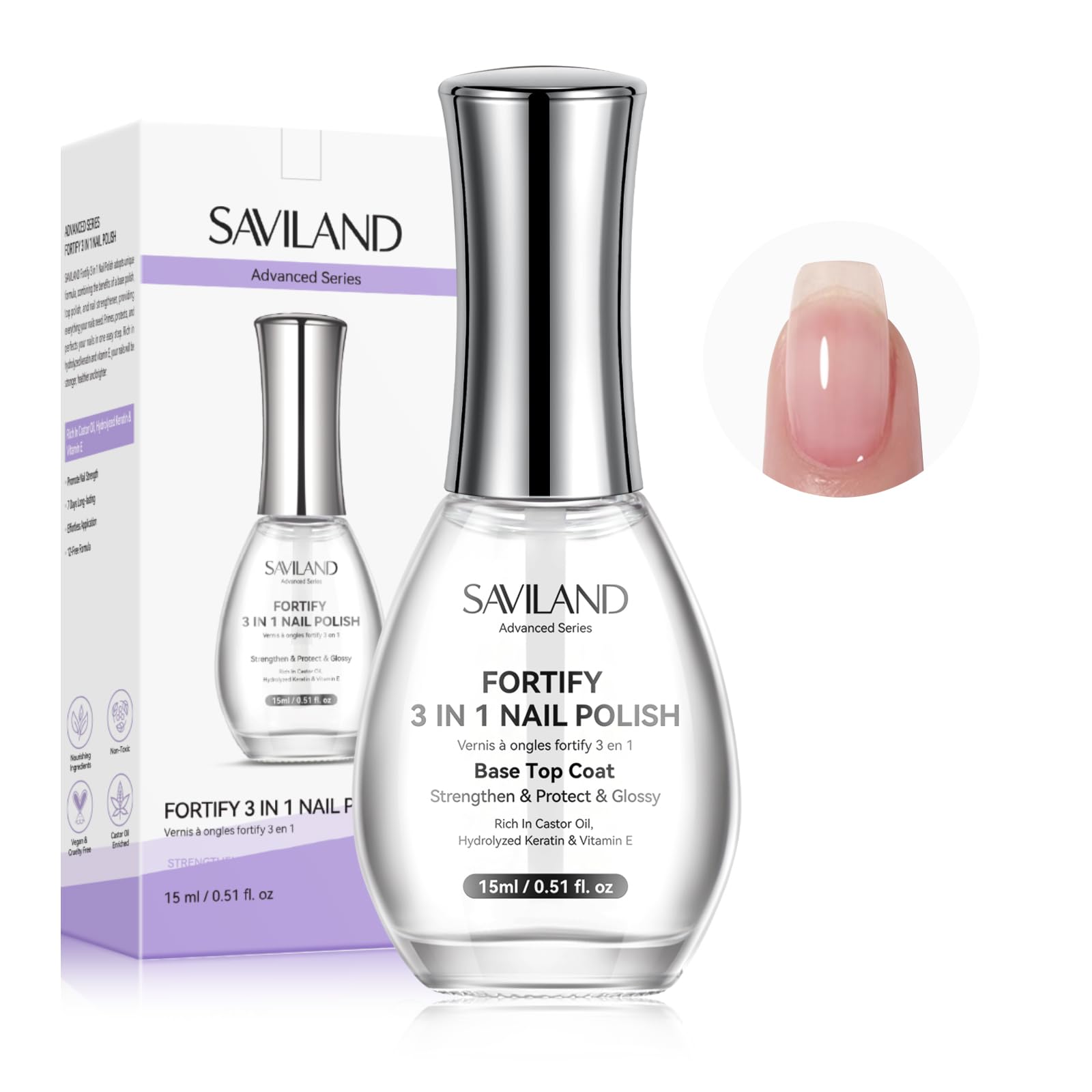 SAVILAND 3-in-1 bottle close-up showing base, top coat and strengthener for durable shine.