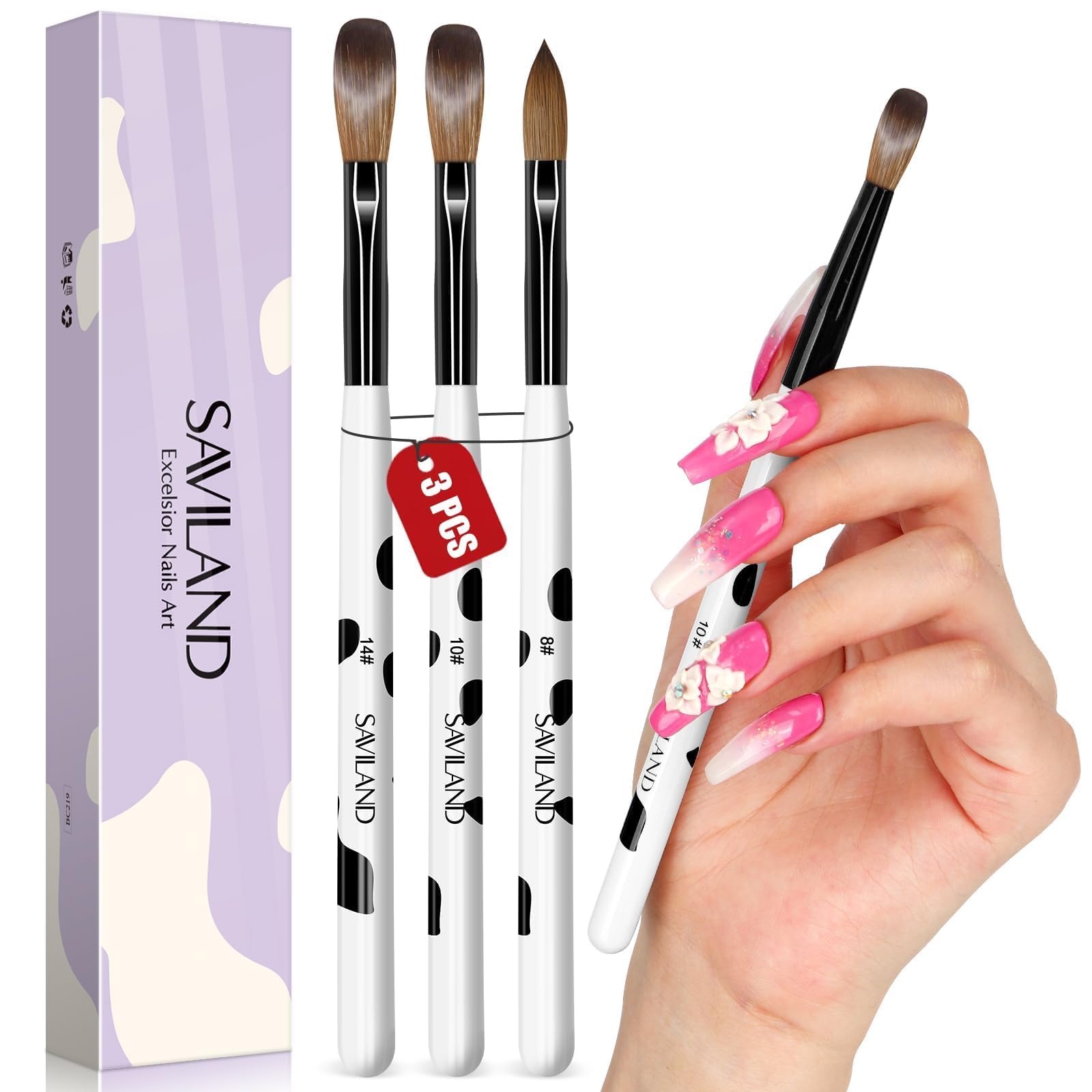 SAVILAND 3-piece acrylic brush set with sizes 8, 10, 14 for precise nail extensions.