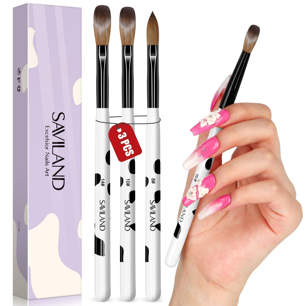 SAVILAND 3-piece acrylic brush set with sizes 8, 10, 14 for precise nail extensions.
